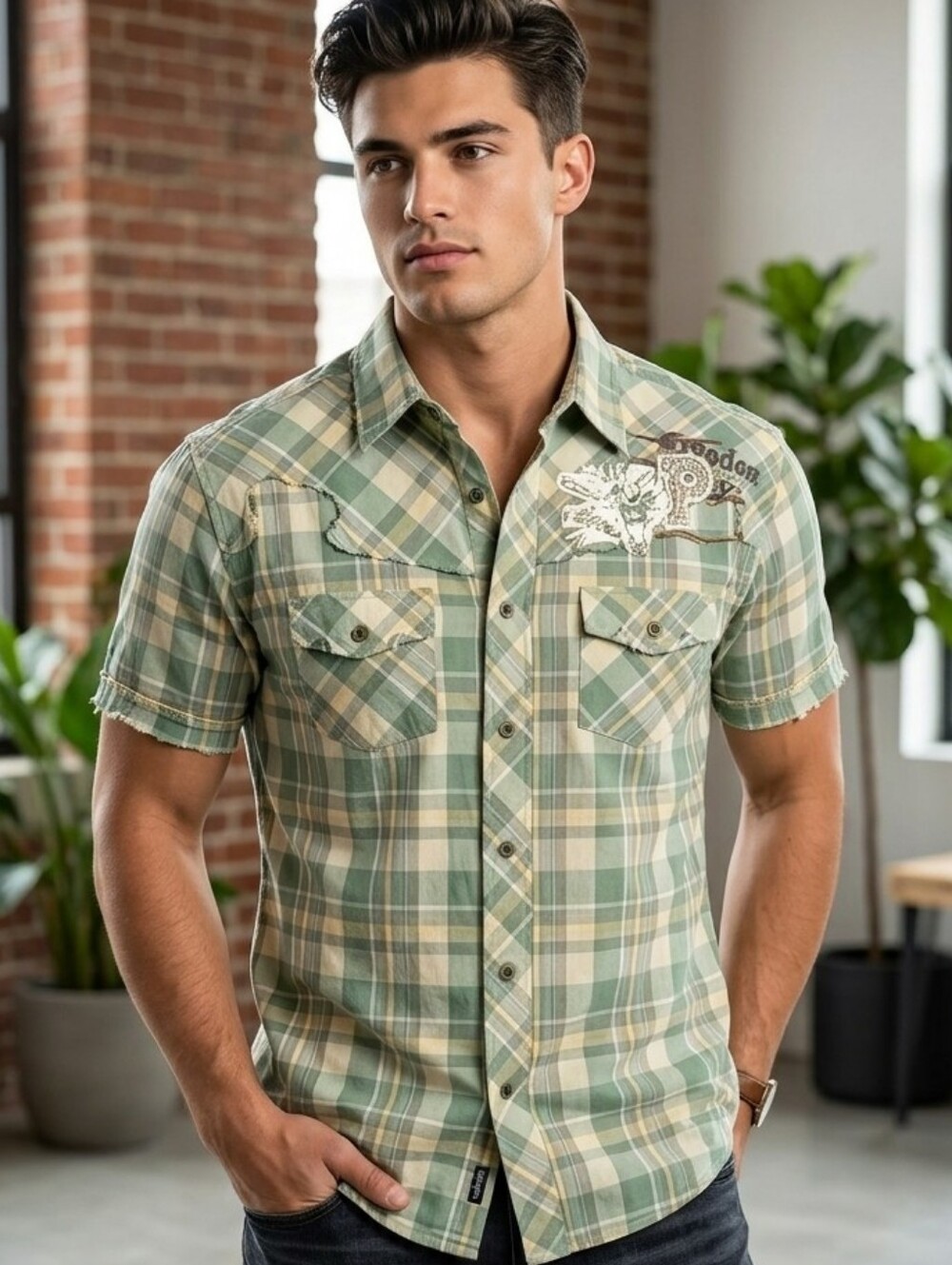 Franky Max Y2K Graphic Plaid Western Shirt Size XL Distressed Raw Seam Green